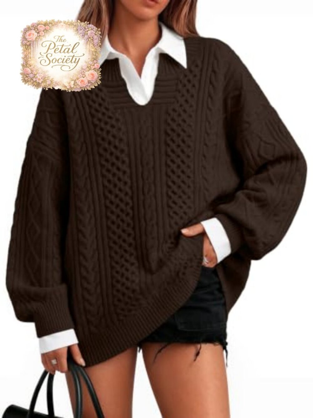 Oversized Cable Knit V-Neck Pullover Sweater for Fall Winter